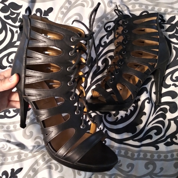 Black Lace Up Heels - Picture 2 of 8